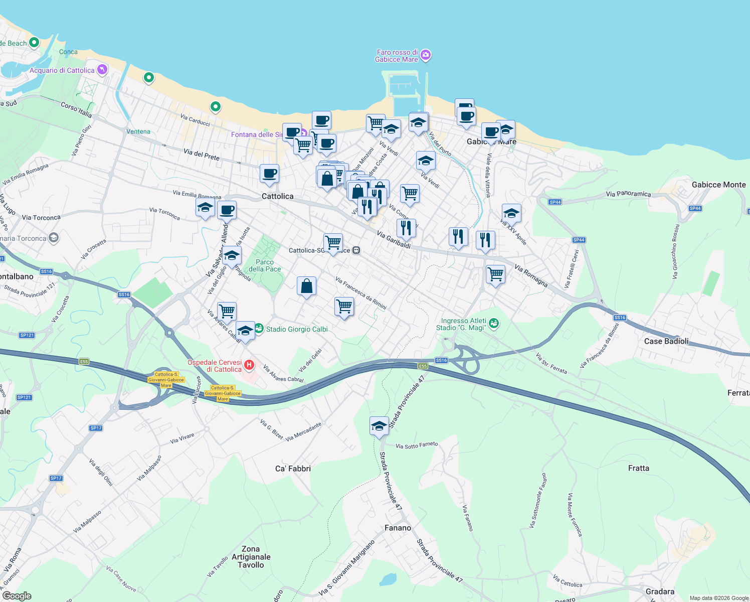 map of restaurants, bars, coffee shops, grocery stores, and more near 11 Via Longo Luigi in Cattolica