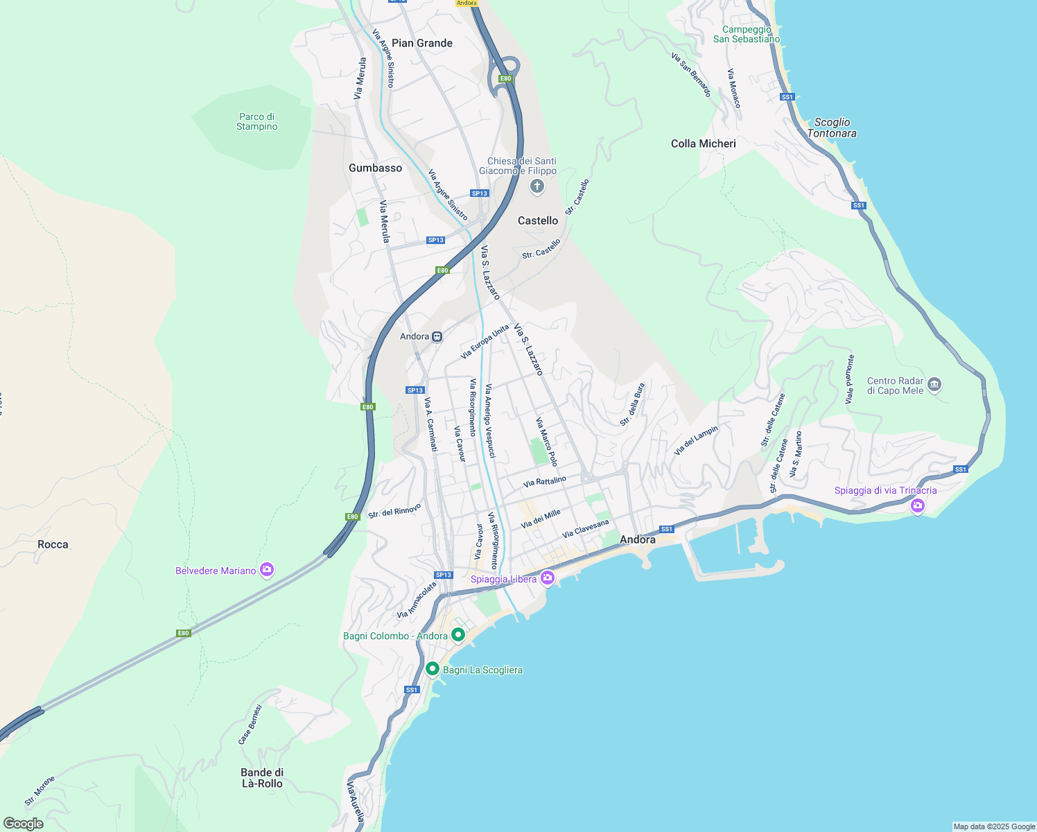 map of restaurants, bars, coffee shops, grocery stores, and more near Via Piana di Merula in Marina di Andora