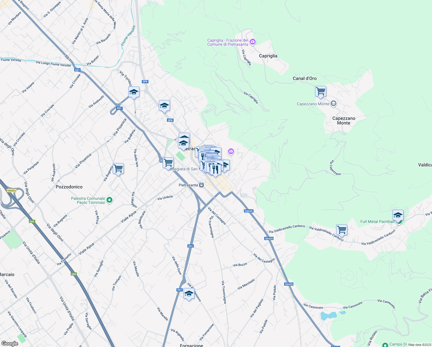 map of restaurants, bars, coffee shops, grocery stores, and more near 31 Via dei Piastroni in Pietrasanta
