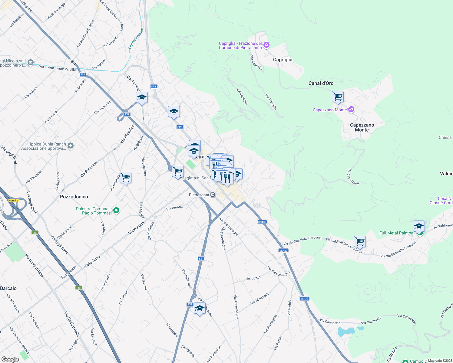 map of restaurants, bars, coffee shops, grocery stores, and more near 31 Via dei Piastroni in Pietrasanta