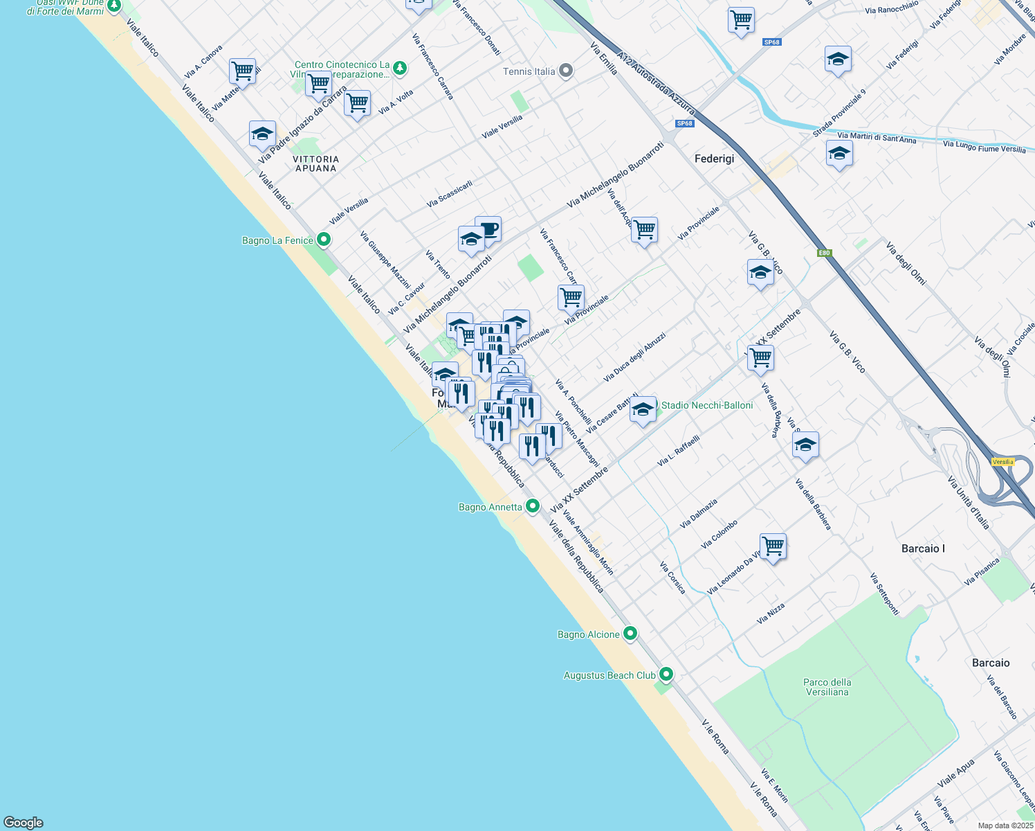 map of restaurants, bars, coffee shops, grocery stores, and more near 41 Via G. Carducci in Forte dei Marmi