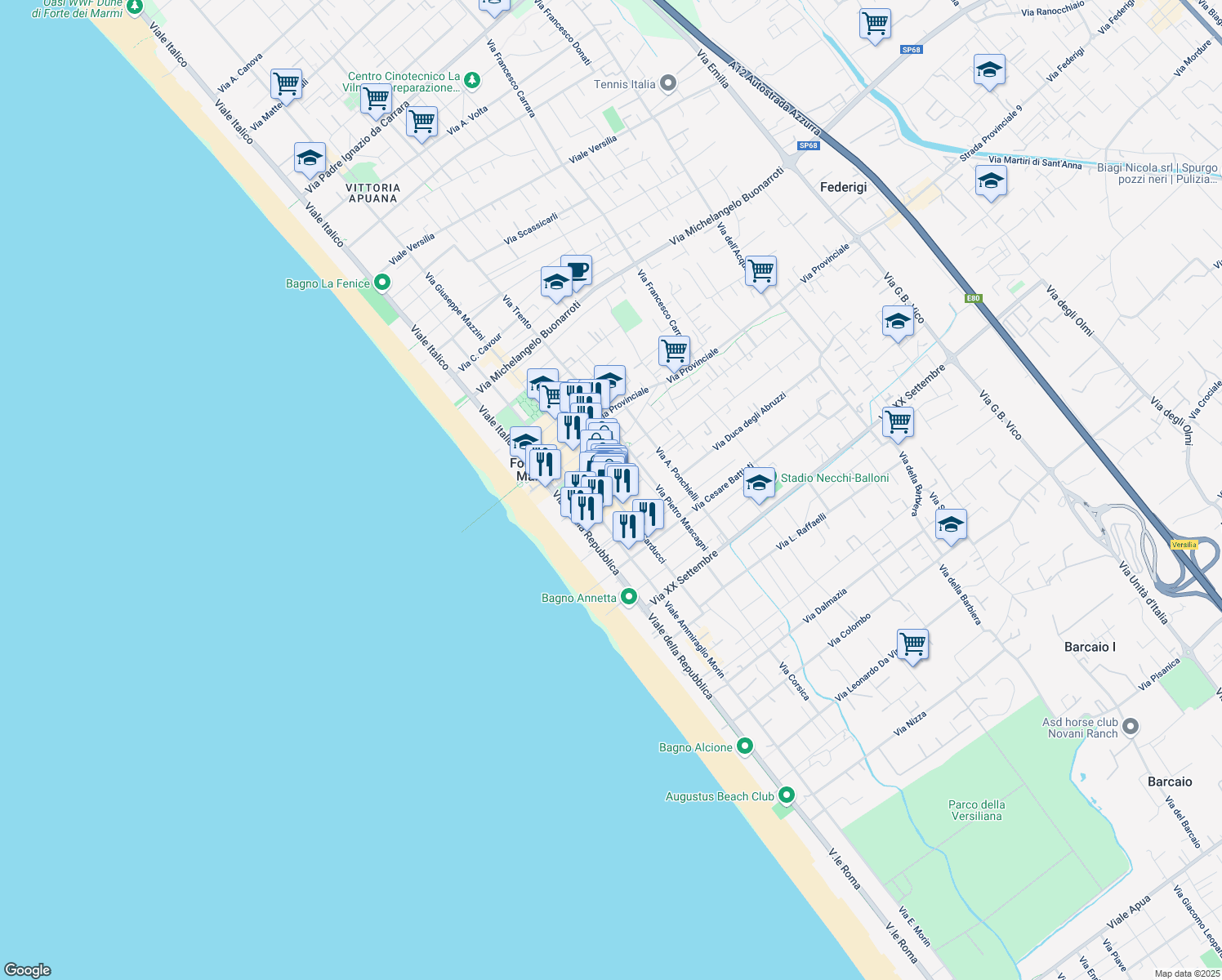 map of restaurants, bars, coffee shops, grocery stores, and more near 41 Via G. Carducci in Forte dei Marmi