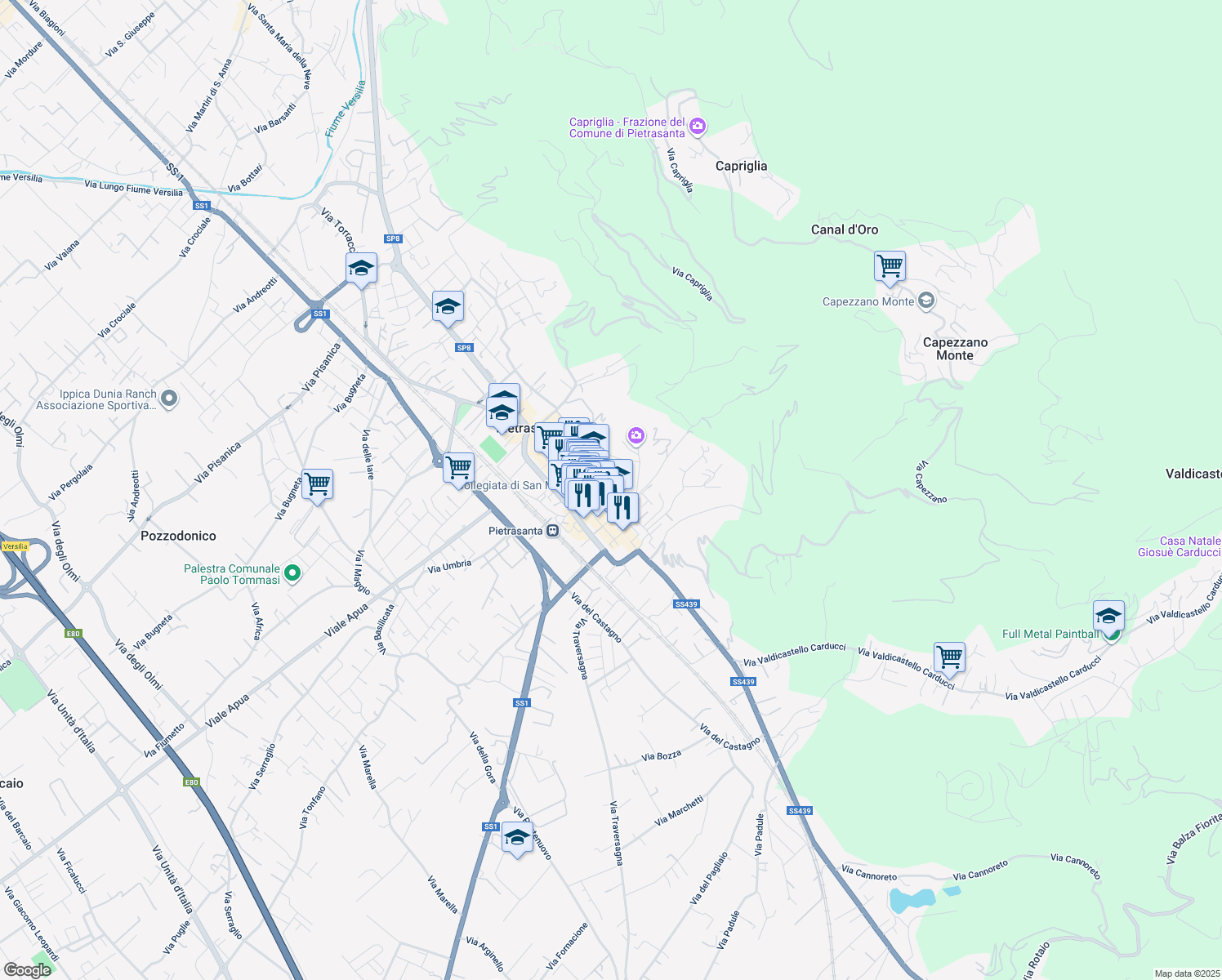 map of restaurants, bars, coffee shops, grocery stores, and more near 1 Via Sant'Agostino in Pietrasanta