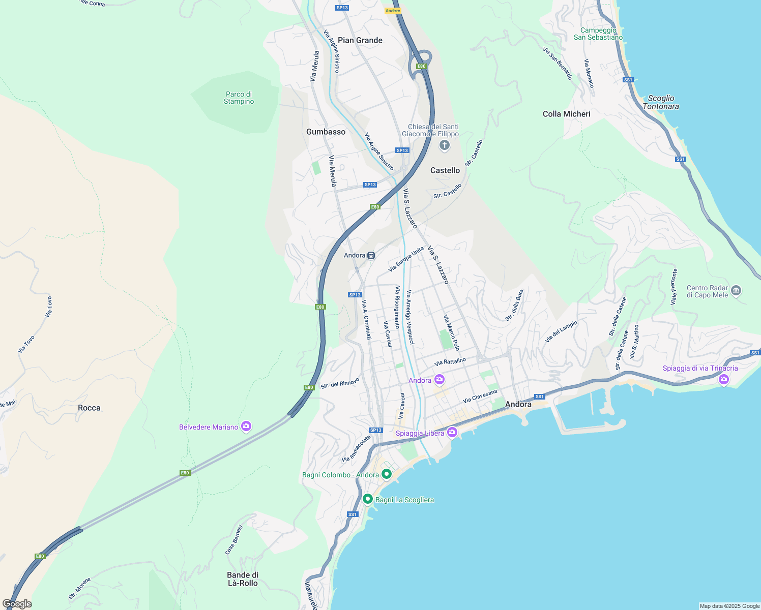 map of restaurants, bars, coffee shops, grocery stores, and more near 174 Via A. Carminati in Marina di Andora