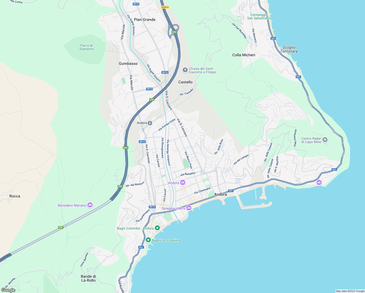 map of restaurants, bars, coffee shops, grocery stores, and more near 64 Via Marco Polo in Marina di Andora