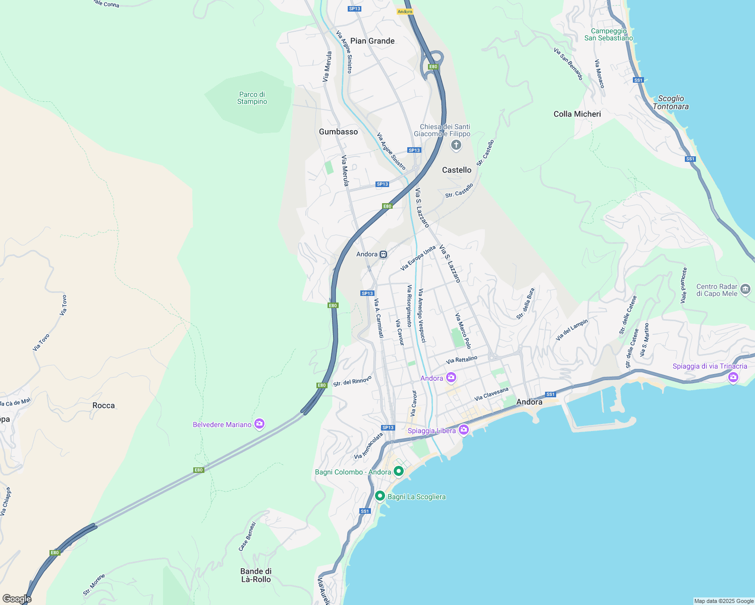 map of restaurants, bars, coffee shops, grocery stores, and more near 174 Via A. Carminati in Marina di Andora