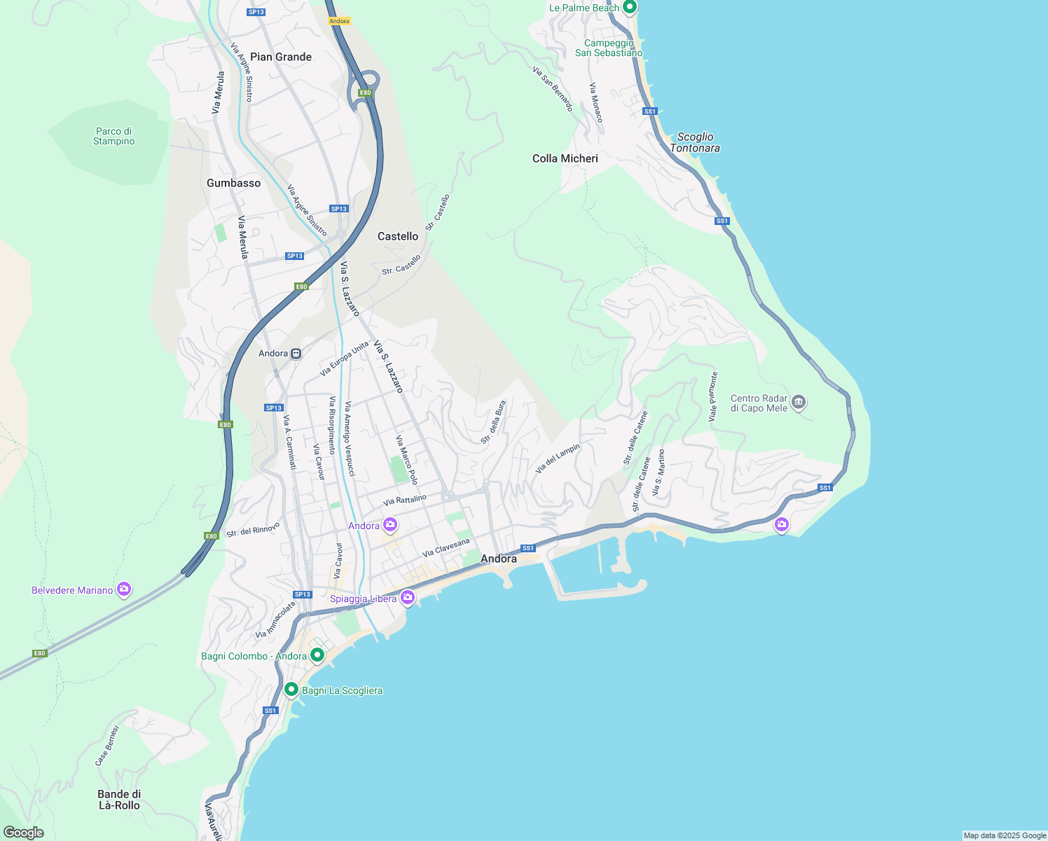 map of restaurants, bars, coffee shops, grocery stores, and more near 23 Via Mezzacqua in Marina di Andora