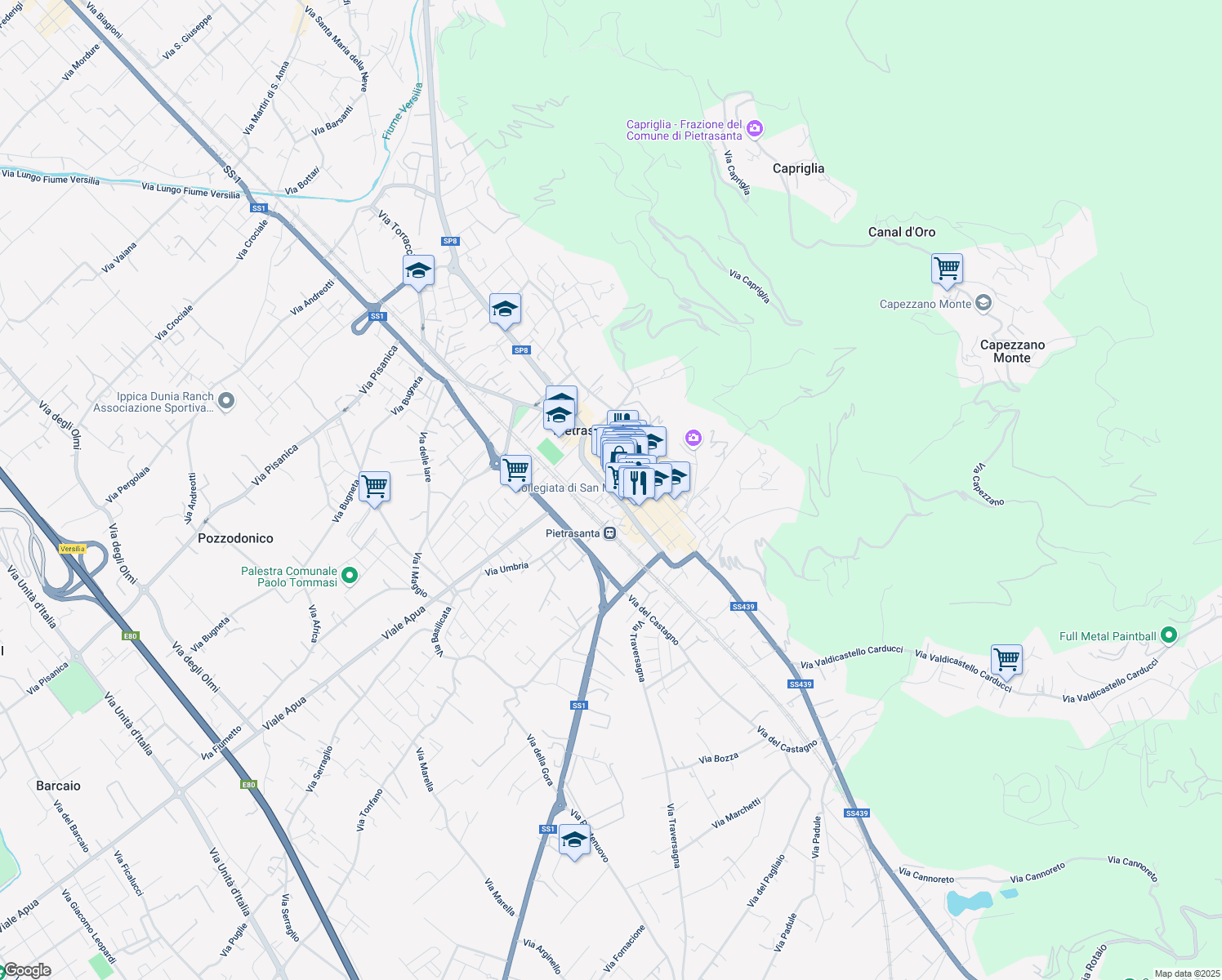 map of restaurants, bars, coffee shops, grocery stores, and more near 14 Via Guglielmo Oberdan in Pietrasanta