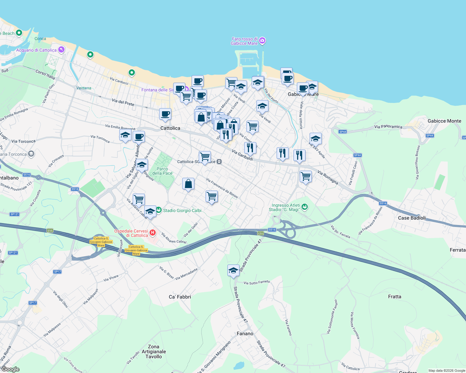 map of restaurants, bars, coffee shops, grocery stores, and more near 11 Via Longo Luigi in Cattolica