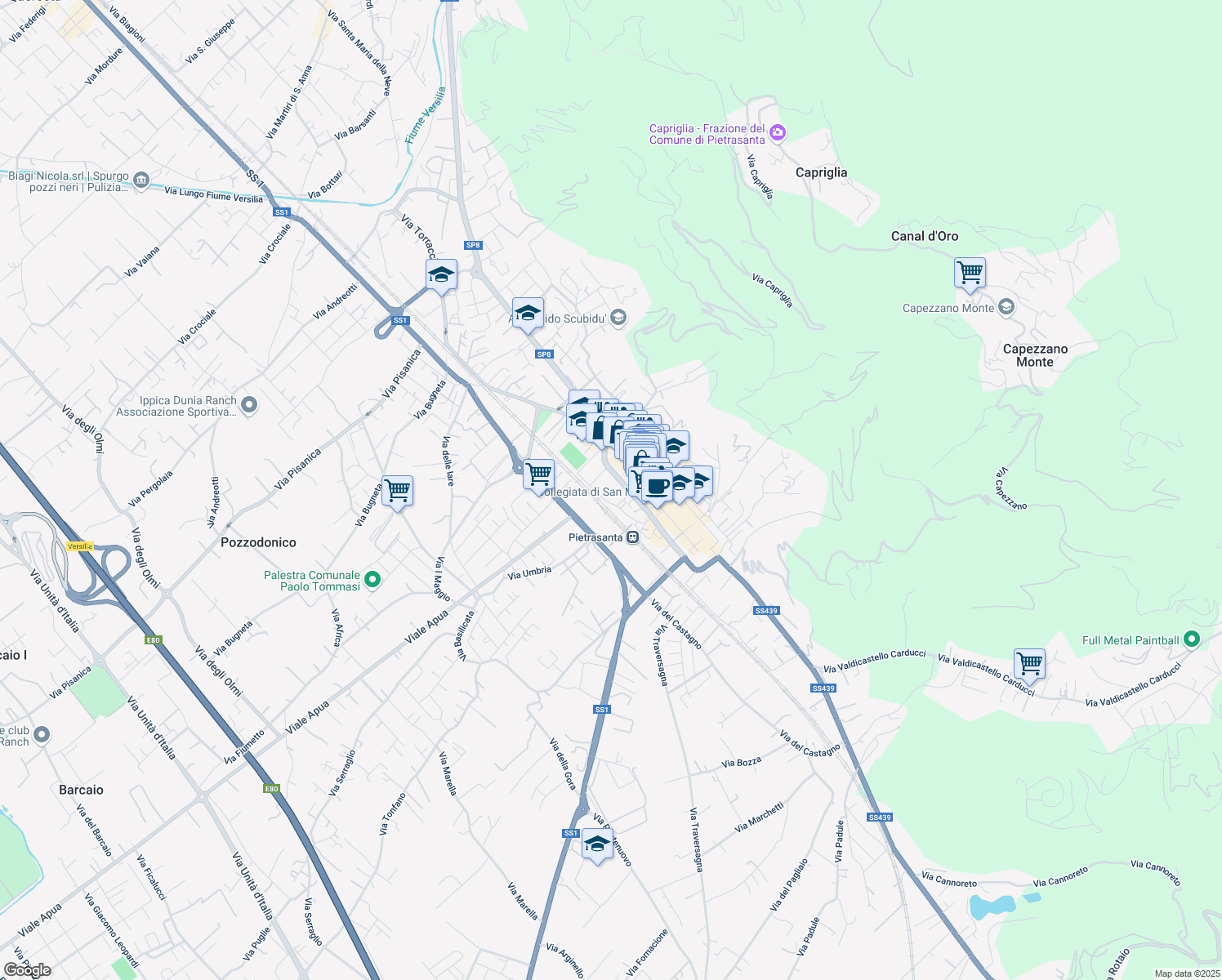 map of restaurants, bars, coffee shops, grocery stores, and more near 33 Via Martinatica in Pietrasanta