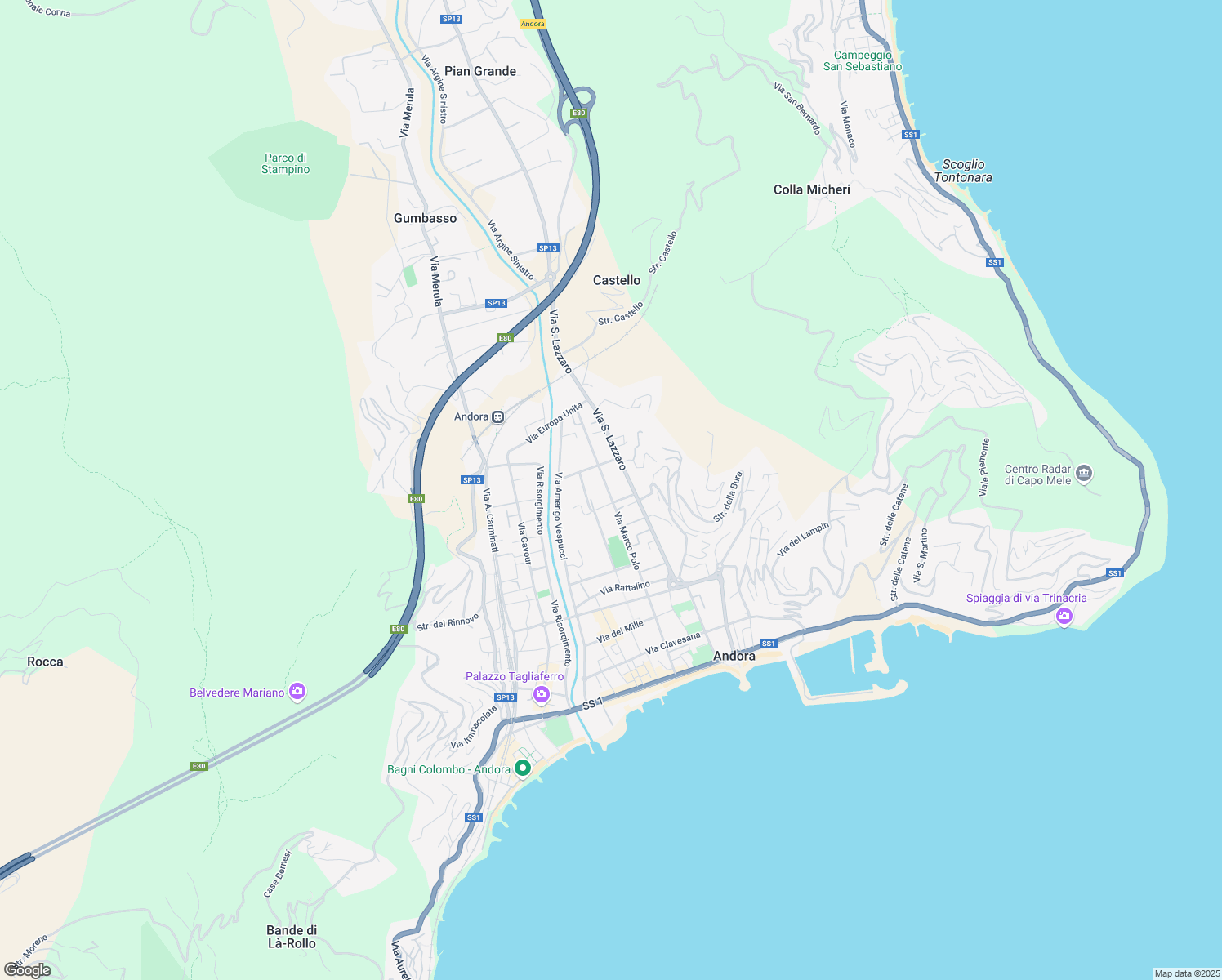 map of restaurants, bars, coffee shops, grocery stores, and more near 64 Via Marco Polo in Marina di Andora