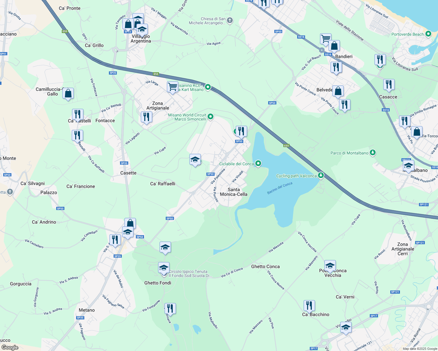 map of restaurants, bars, coffee shops, grocery stores, and more near 15 Via Giacomo Puccini in Santa Monica-Cella