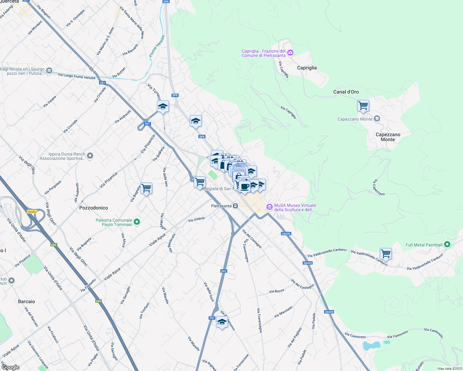 map of restaurants, bars, coffee shops, grocery stores, and more near 33 Via Sarzanese Valdera in Pietrasanta