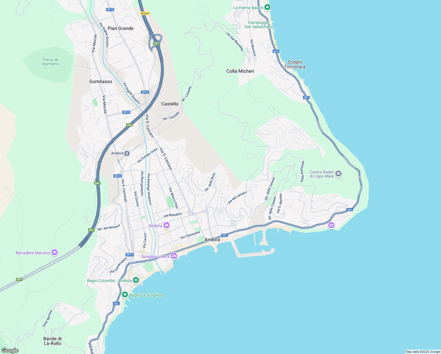 map of restaurants, bars, coffee shops, grocery stores, and more near 23 Via Mezz'Acqua in Marina di Andora