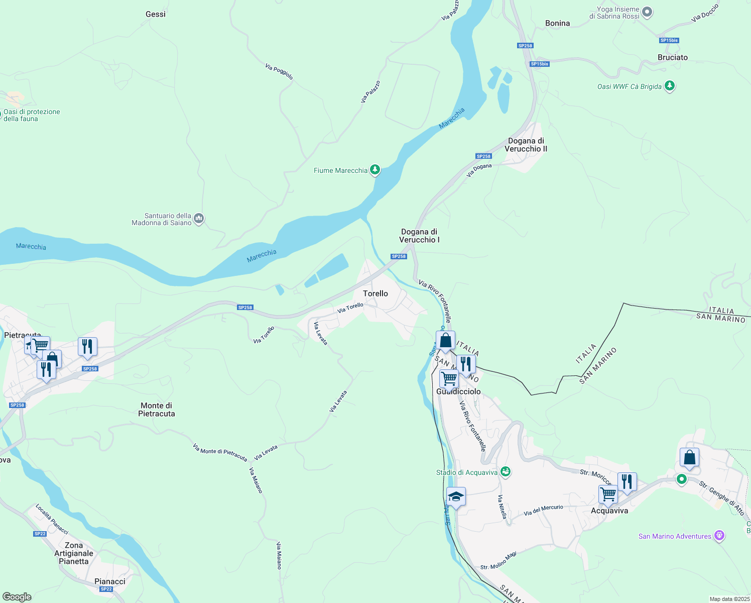 map of restaurants, bars, coffee shops, grocery stores, and more near 31 Via Torello in Torello
