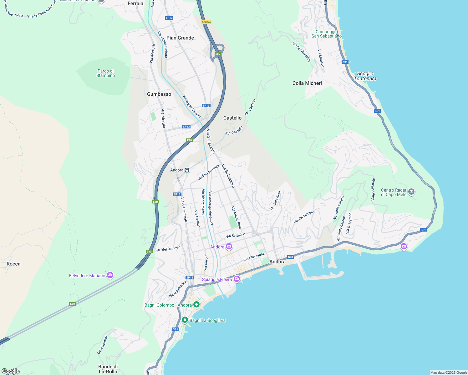 map of restaurants, bars, coffee shops, grocery stores, and more near 79 Via San Lazzaro in Marina di Andora