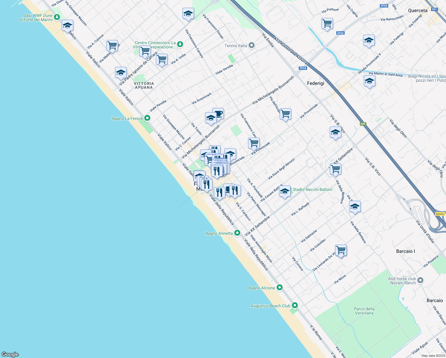 map of restaurants, bars, coffee shops, grocery stores, and more near 16 Via IV Novembre in Forte dei Marmi