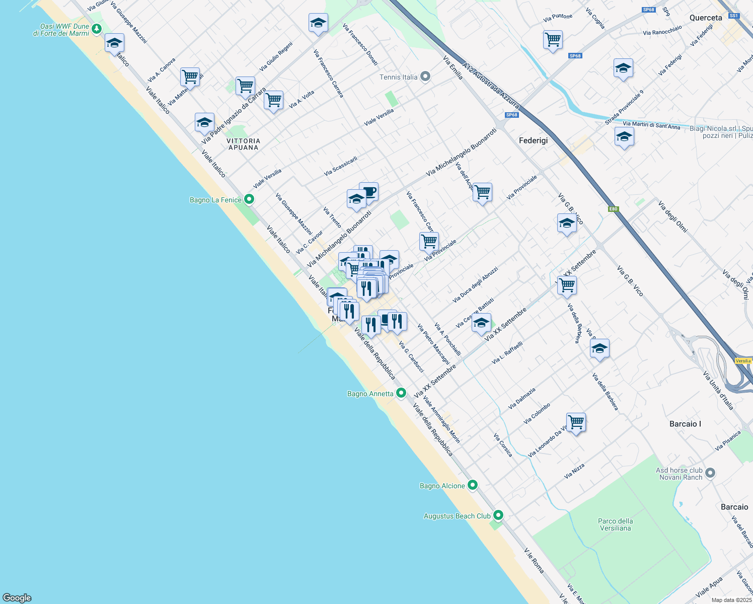 map of restaurants, bars, coffee shops, grocery stores, and more near 16 Via IV Novembre in Forte dei Marmi