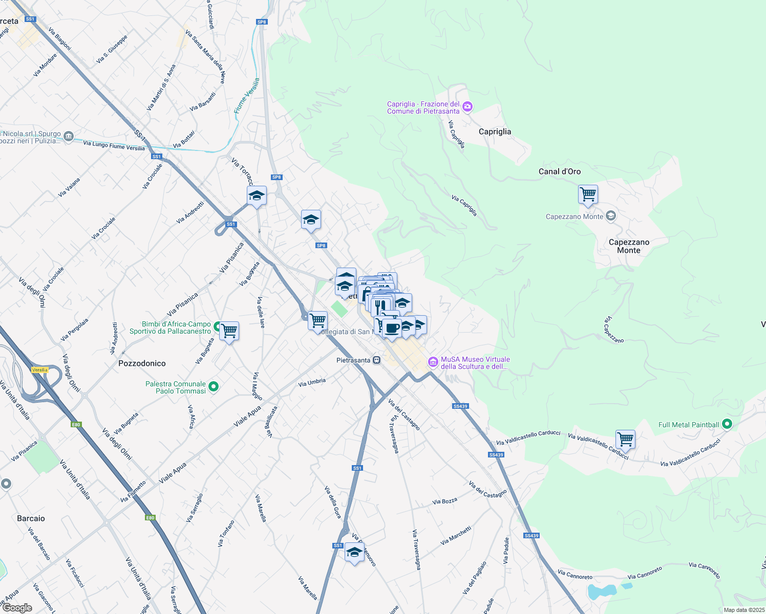 map of restaurants, bars, coffee shops, grocery stores, and more near 94 Via Giuseppe Mazzini in Pietrasanta