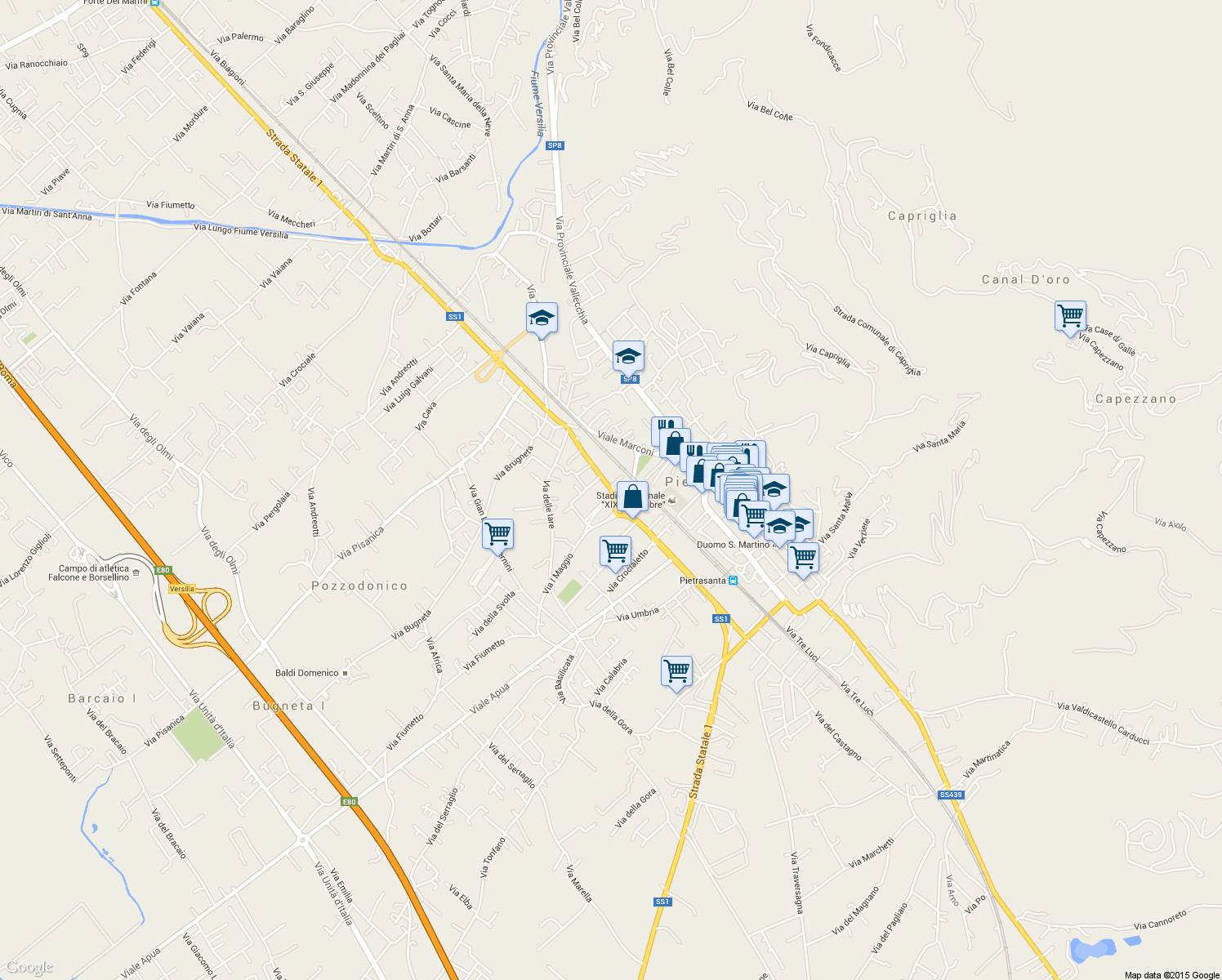 map of restaurants, bars, coffee shops, grocery stores, and more near Strada Statale 1 Aurelia in Pietrasanta