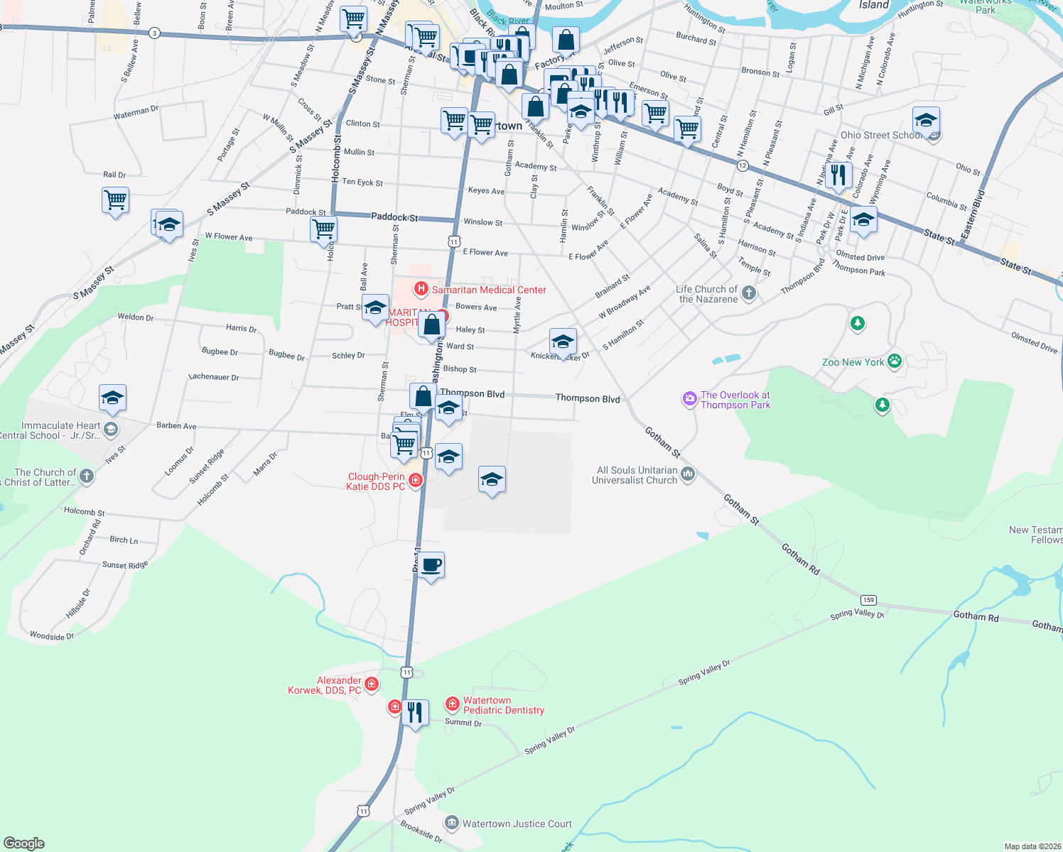 map of restaurants, bars, coffee shops, grocery stores, and more near 226 Green St in Watertown