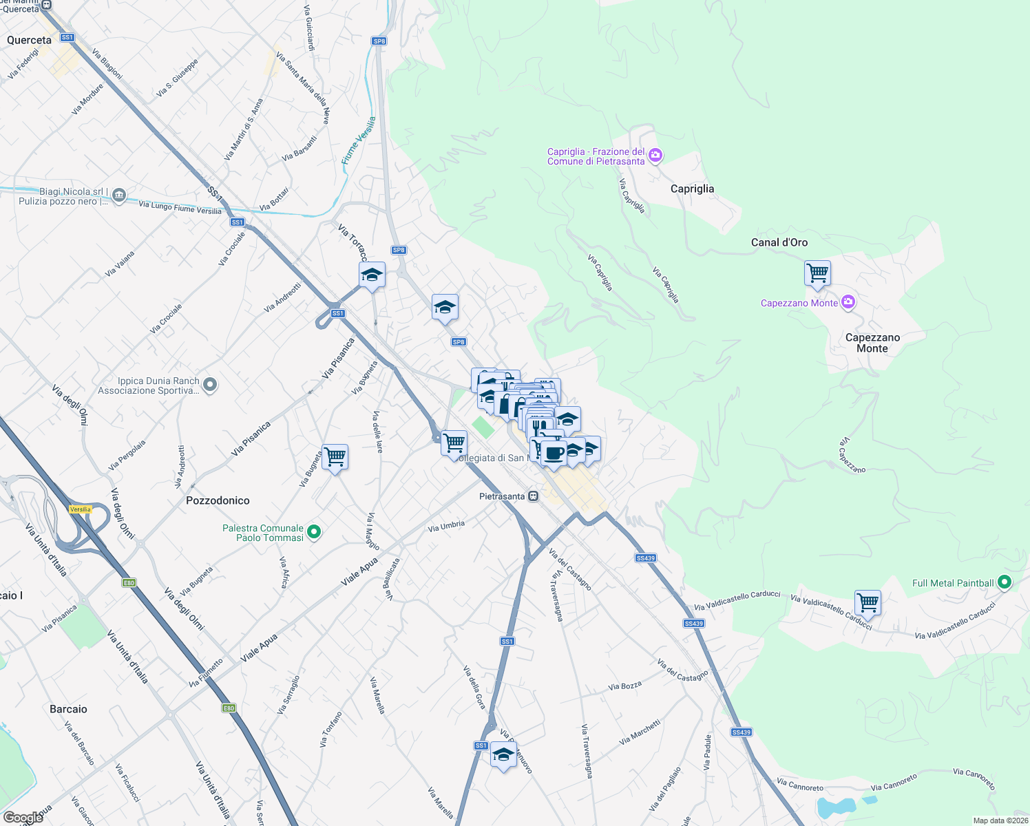 map of restaurants, bars, coffee shops, grocery stores, and more near in Pietrasanta