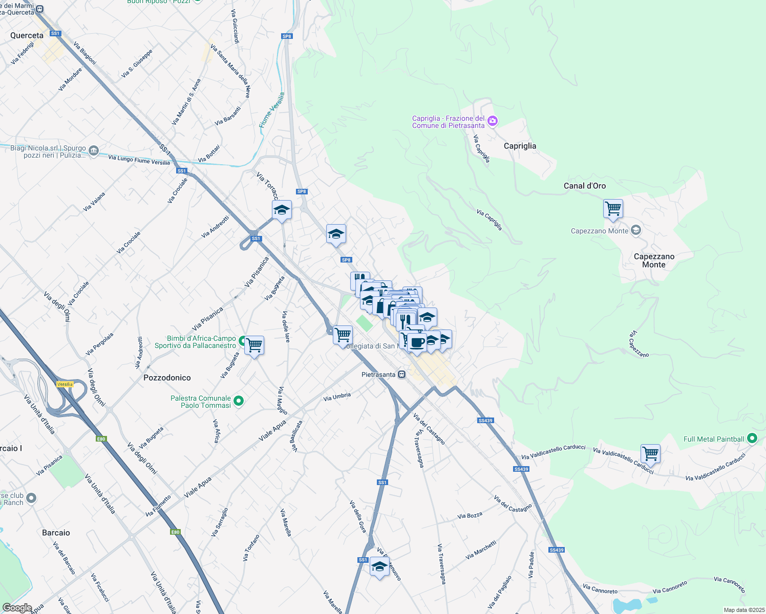 map of restaurants, bars, coffee shops, grocery stores, and more near 2 Via Martiri di S. Anna in Pietrasanta