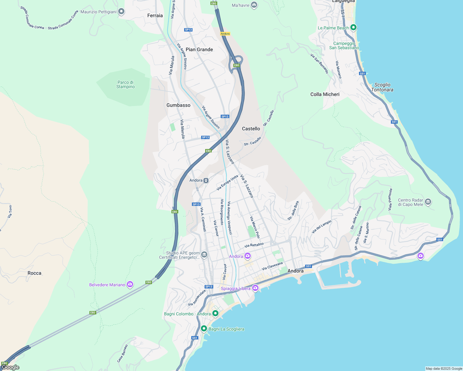 map of restaurants, bars, coffee shops, grocery stores, and more near 72 Via Vespucci in Marina di Andora