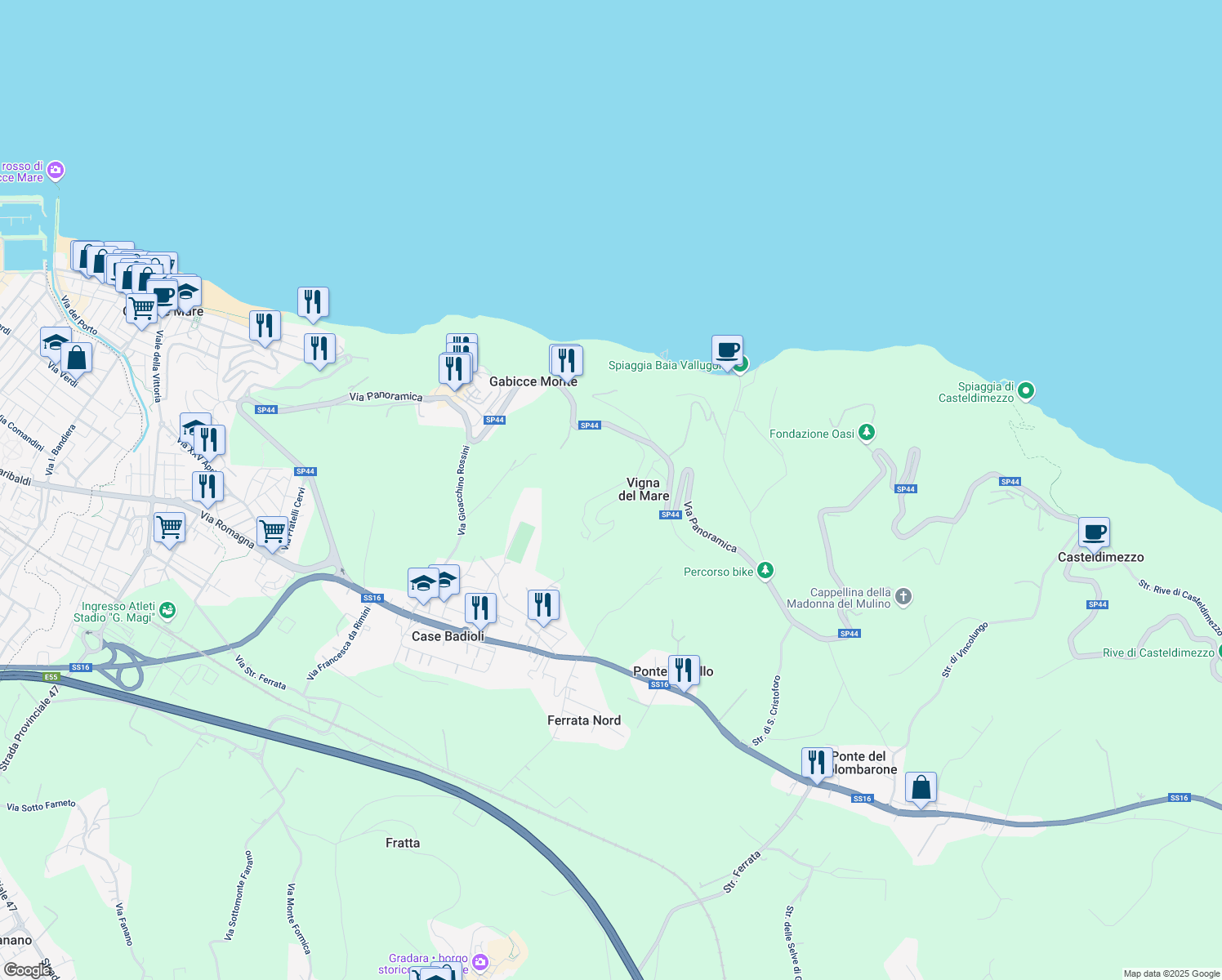 map of restaurants, bars, coffee shops, grocery stores, and more near Via delle Selve in Provincia di Pesaro e Urbino