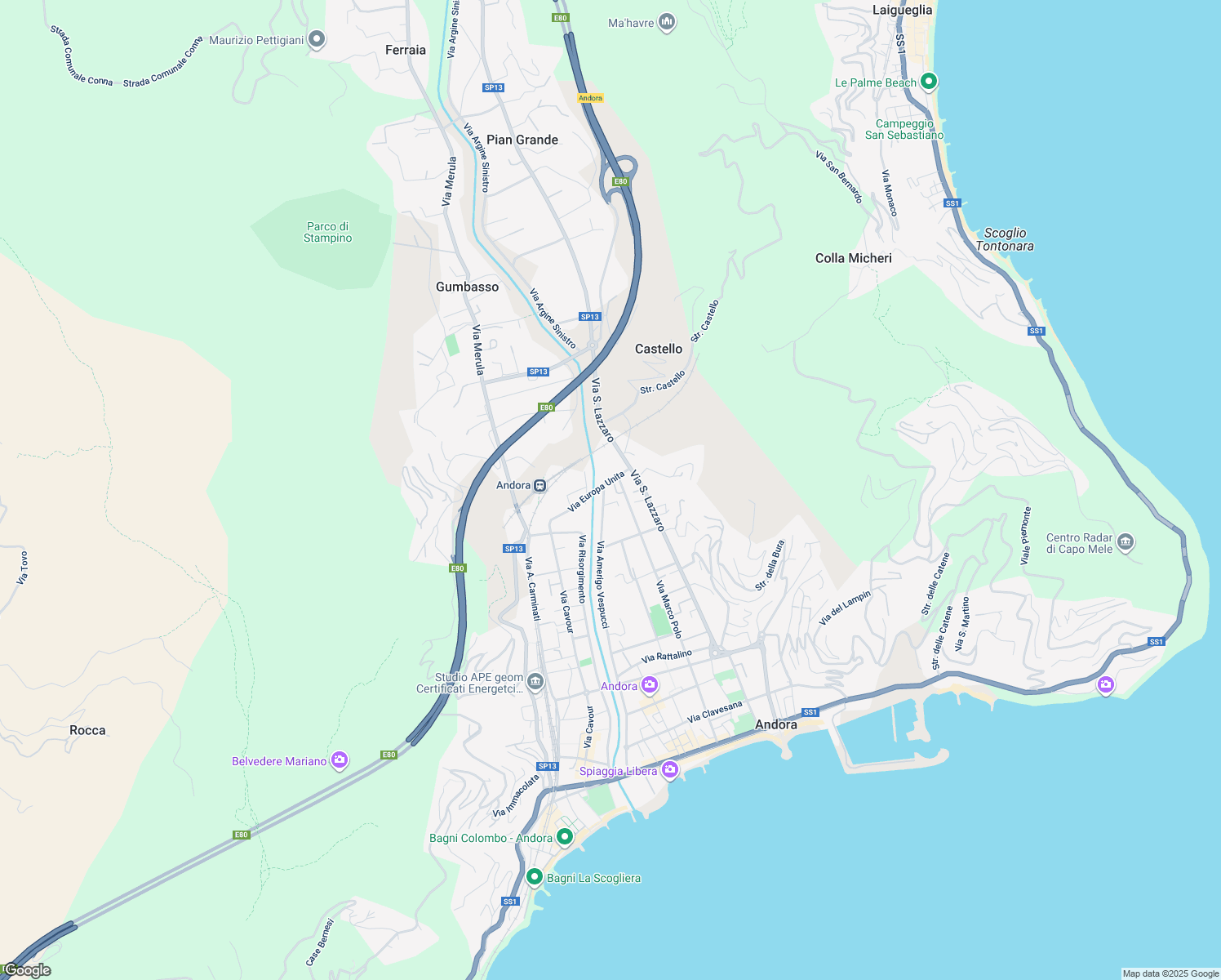 map of restaurants, bars, coffee shops, grocery stores, and more near 72 Via Amerigo Vespucci in Marina di Andora