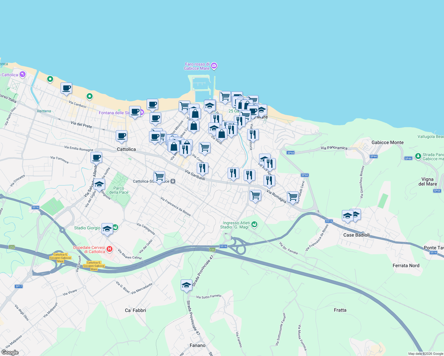 map of restaurants, bars, coffee shops, grocery stores, and more near 27A Via A. Vivaldi in Cattolica