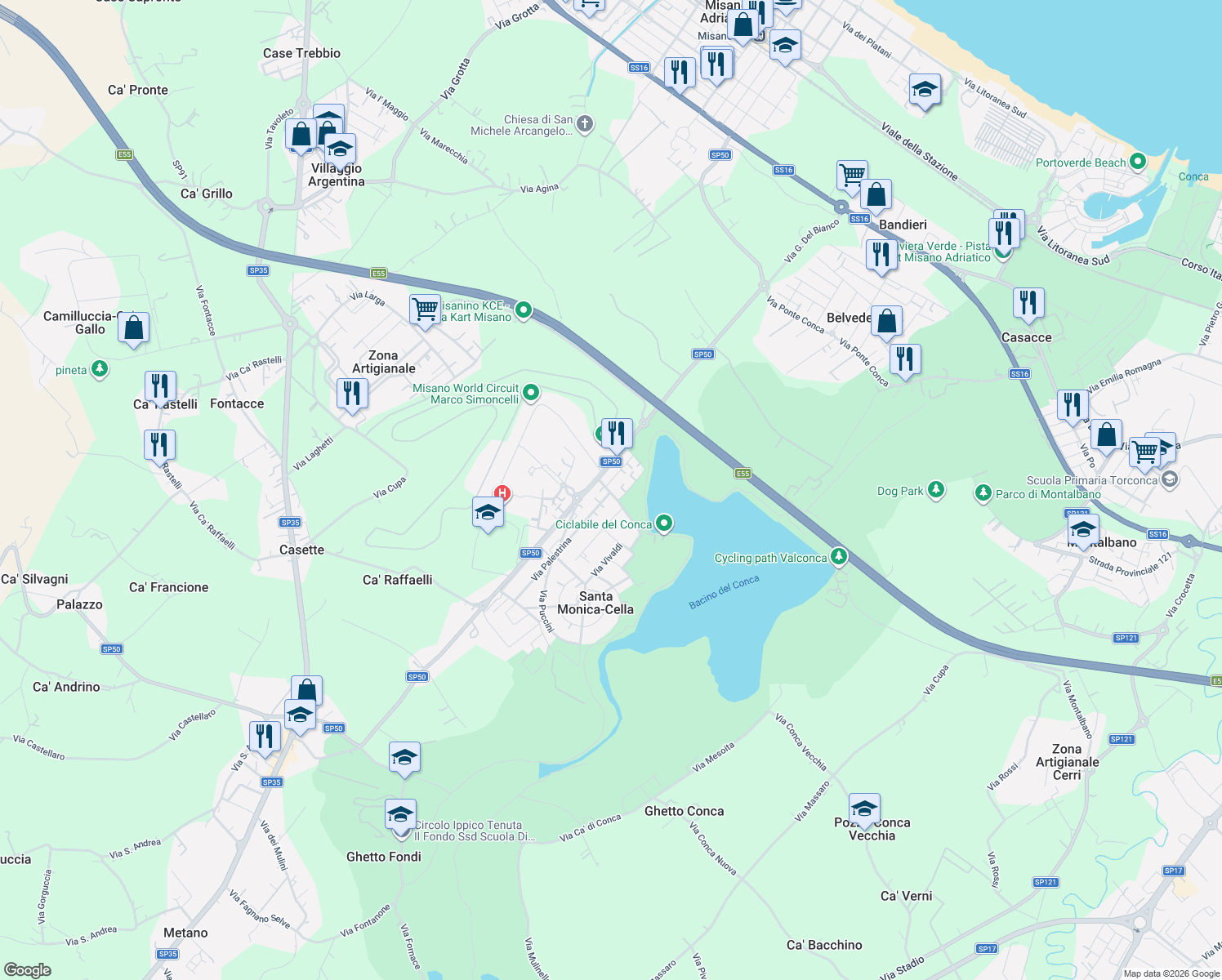map of restaurants, bars, coffee shops, grocery stores, and more near 1B Via Sant'Ilario in Santa Monica-Cella