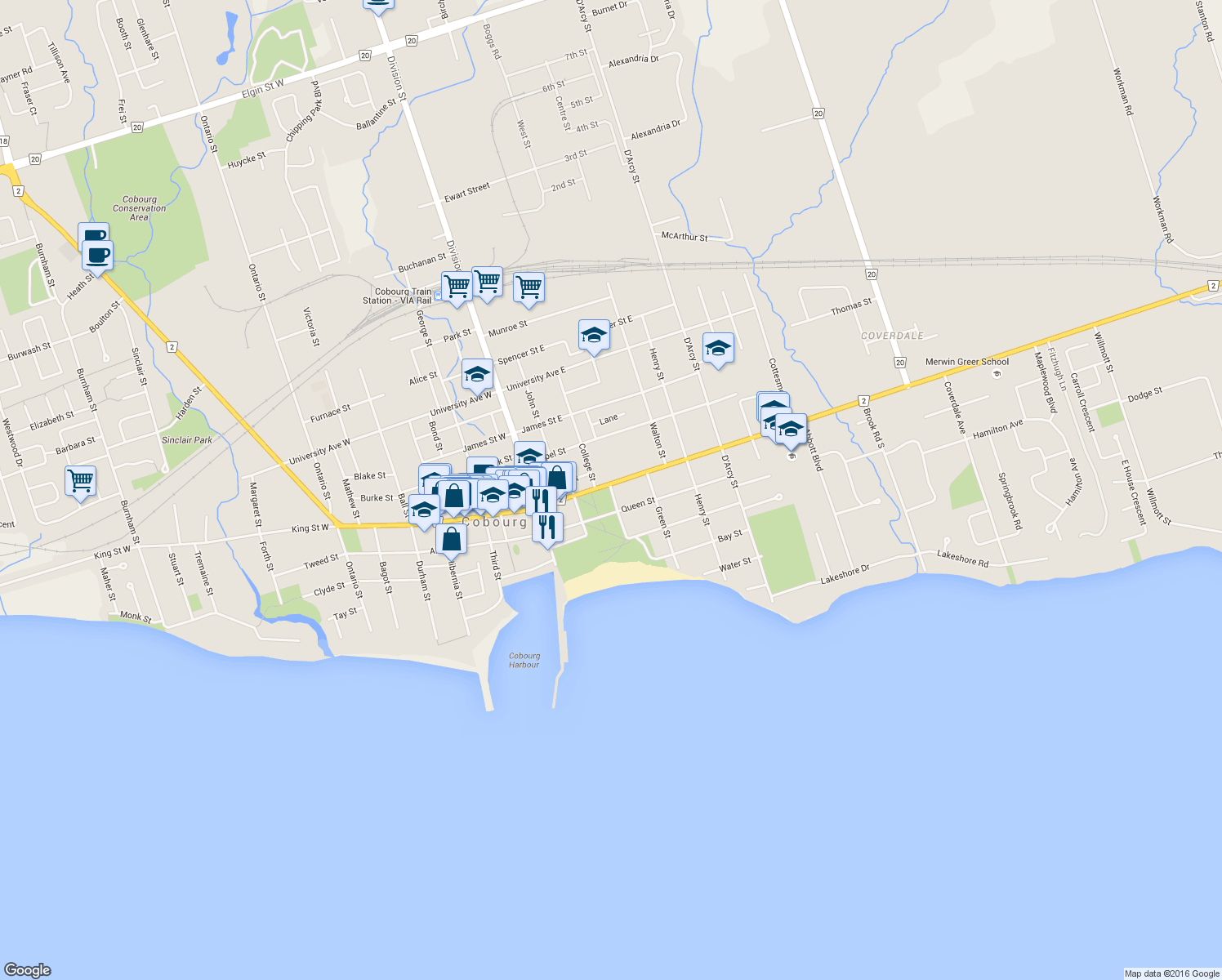 map of restaurants, bars, coffee shops, grocery stores, and more near 216 Church Street in Cobourg