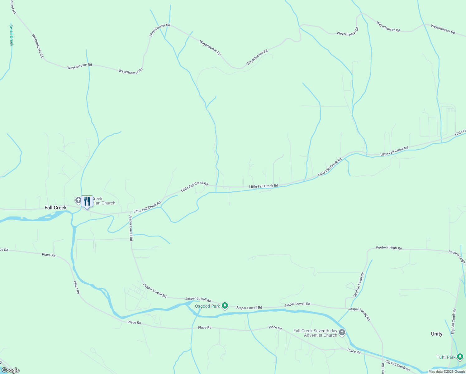 map of restaurants, bars, coffee shops, grocery stores, and more near 39573 Little Fall Creek Road in Fall Creek