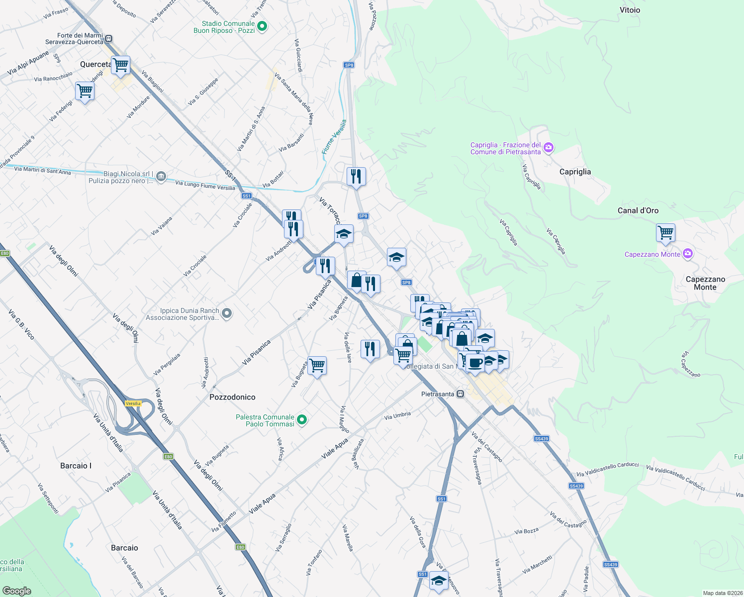 map of restaurants, bars, coffee shops, grocery stores, and more near 190 Via Fossetto in Pietrasanta