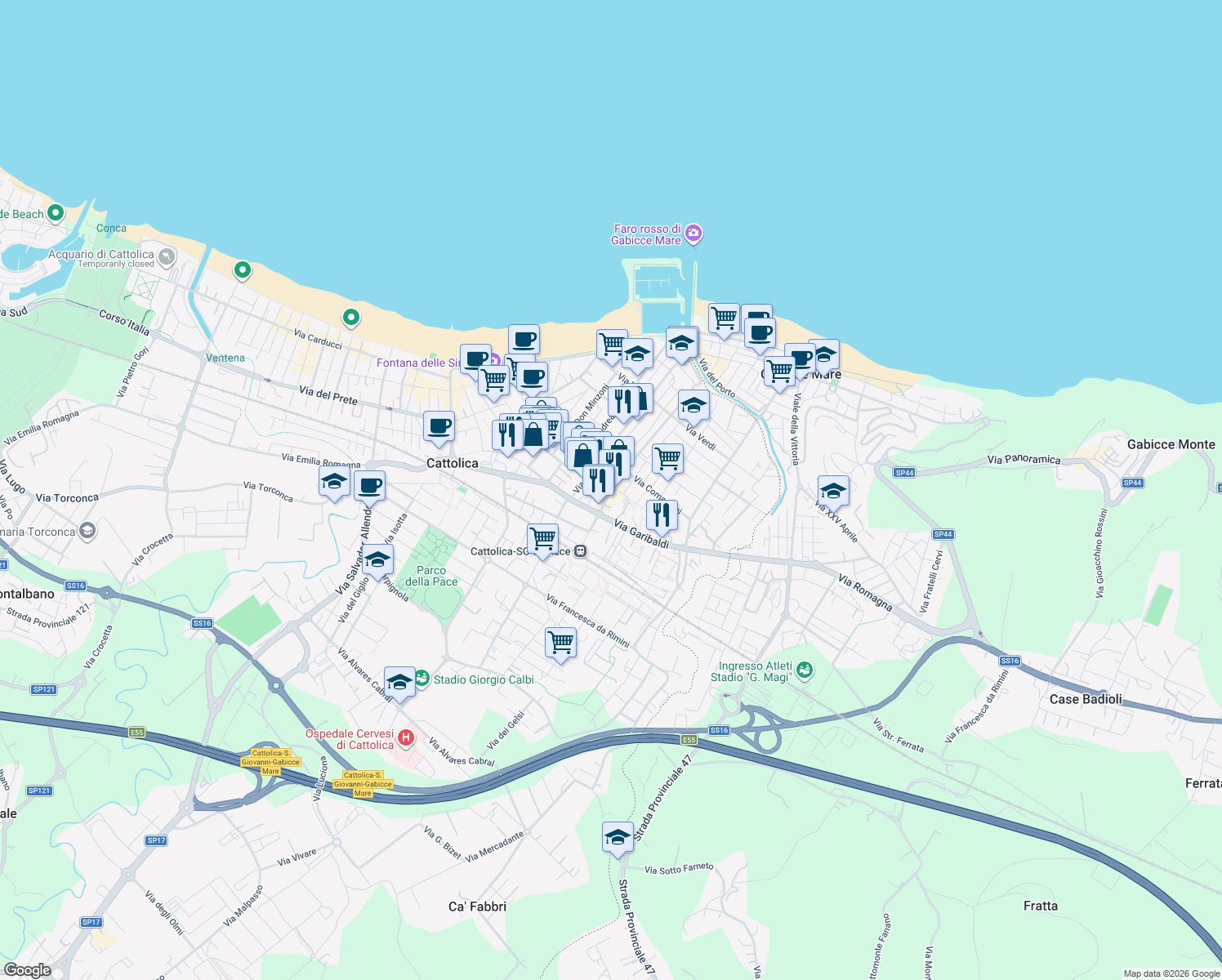 map of restaurants, bars, coffee shops, grocery stores, and more near 22 Piazza Ermete Re in Cattolica