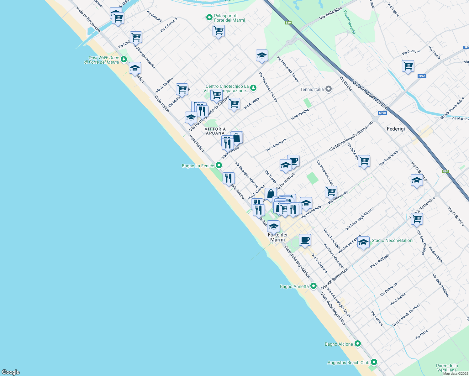 map of restaurants, bars, coffee shops, grocery stores, and more near 44 Viale Italico in Forte dei Marmi