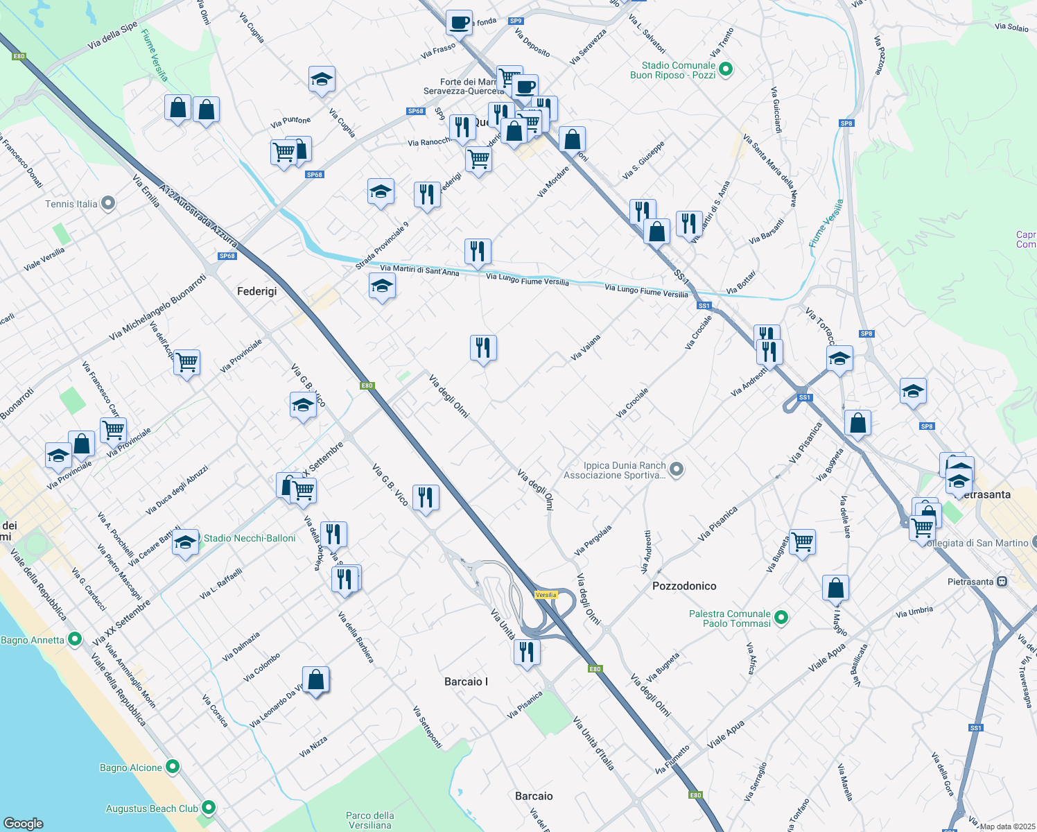 map of restaurants, bars, coffee shops, grocery stores, and more near 93 Via Vaiana in Pietrasanta