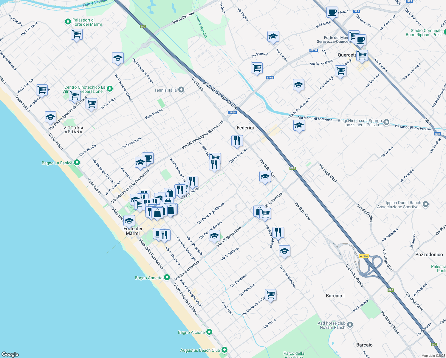 map of restaurants, bars, coffee shops, grocery stores, and more near 178 Via Piave in Forte dei Marmi