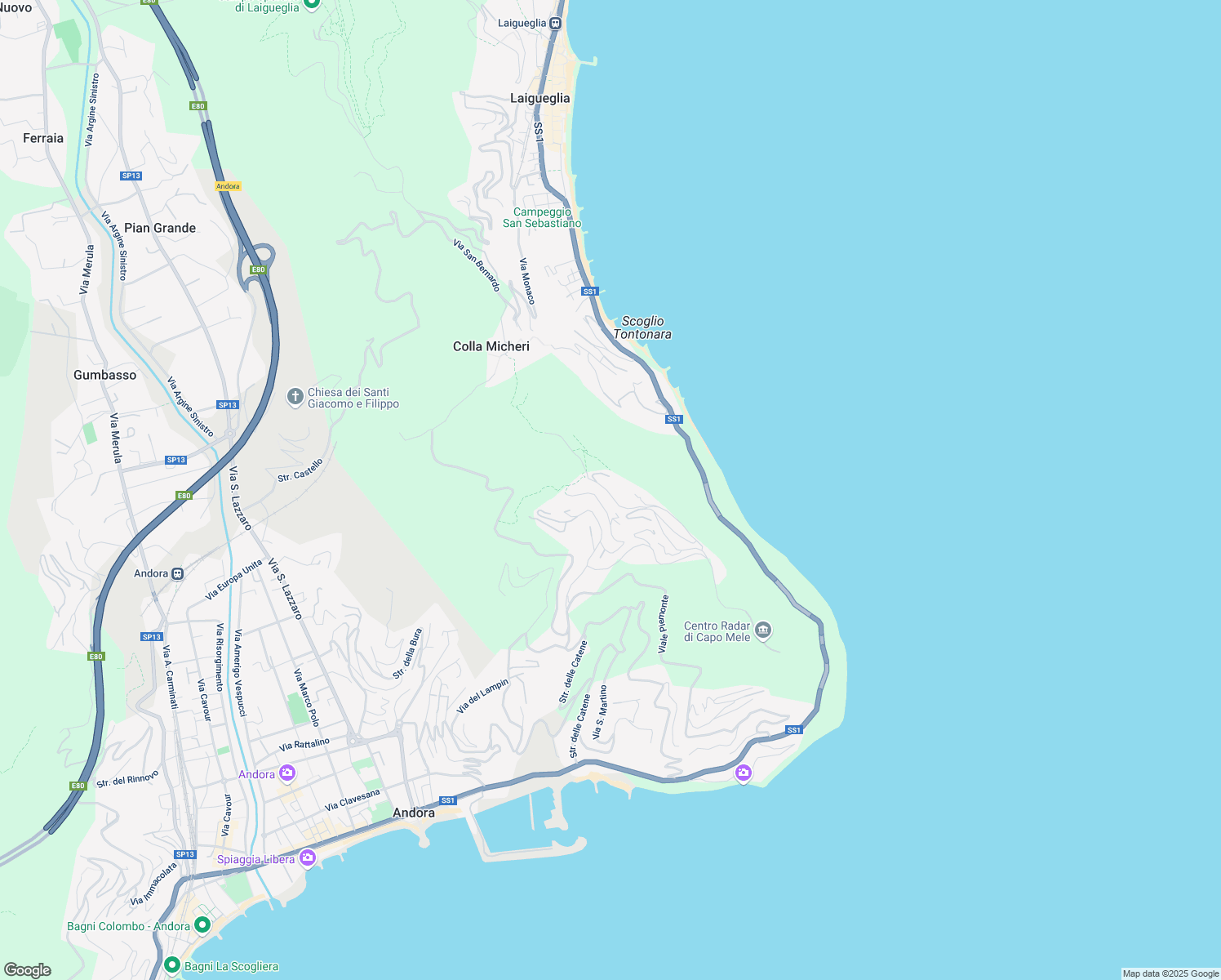 map of restaurants, bars, coffee shops, grocery stores, and more near 14 Strada Colla Micheri in Marina di Andora