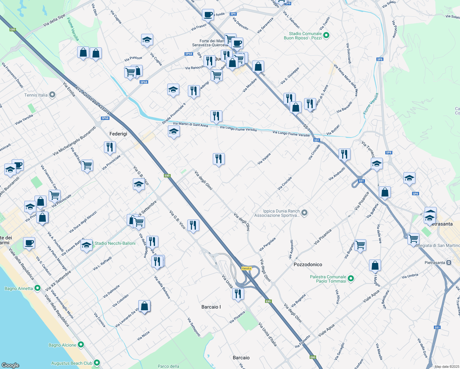 map of restaurants, bars, coffee shops, grocery stores, and more near 93 Via Vaiana in Pietrasanta