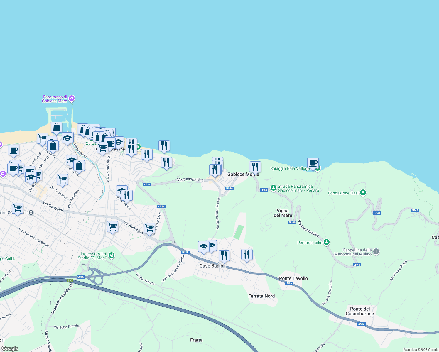 map of restaurants, bars, coffee shops, grocery stores, and more near 2 Via dell'Orizzonte in Gabicce Monte