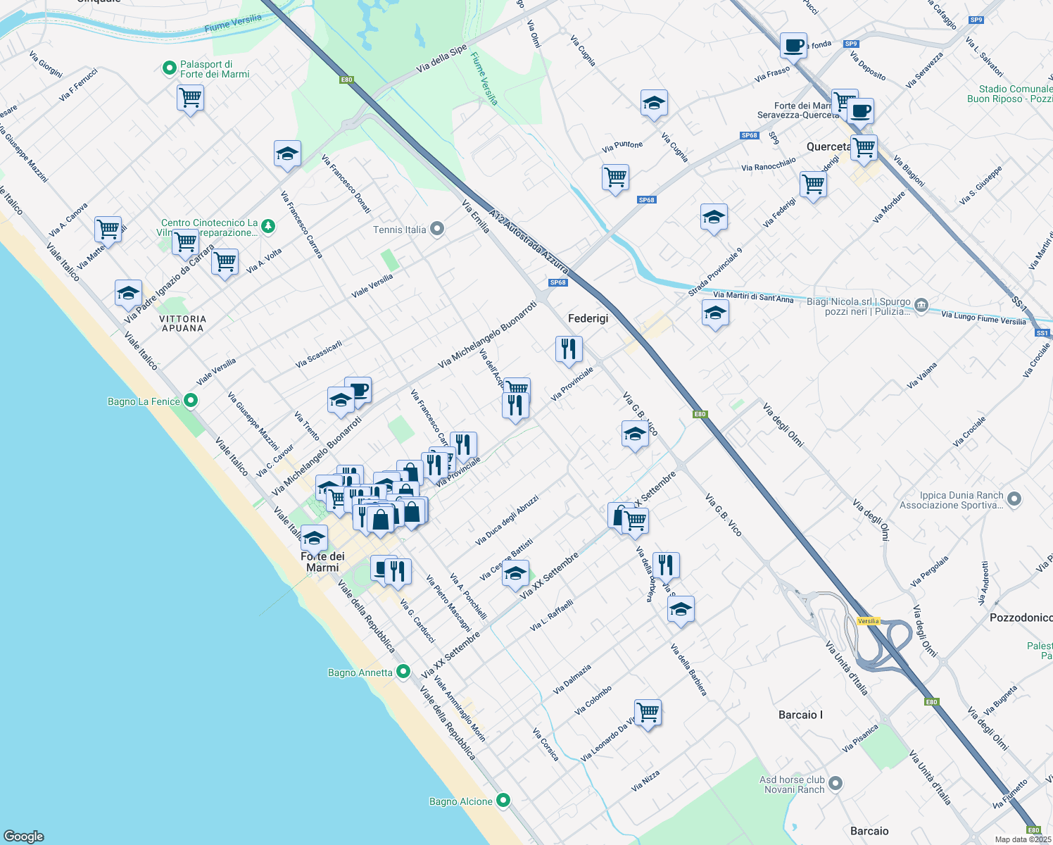 map of restaurants, bars, coffee shops, grocery stores, and more near 178 Via Piave in Forte dei Marmi