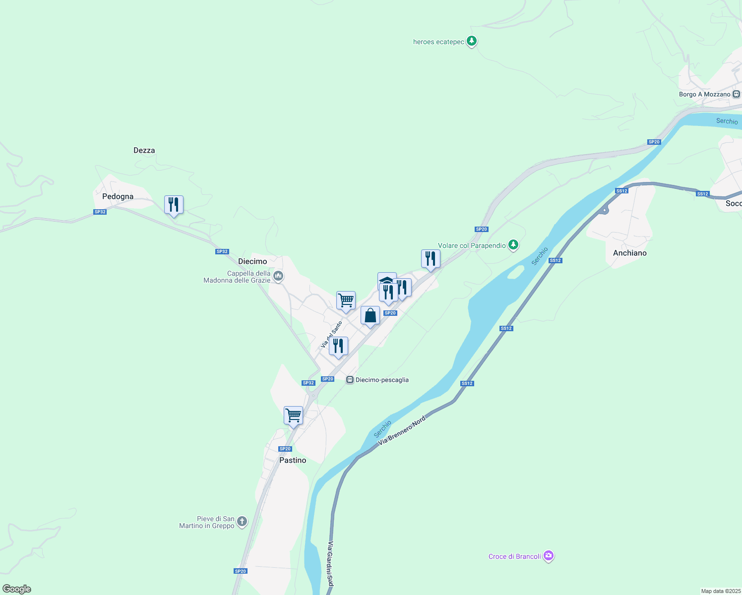 map of restaurants, bars, coffee shops, grocery stores, and more near 76 Via del Santo in Diecimo