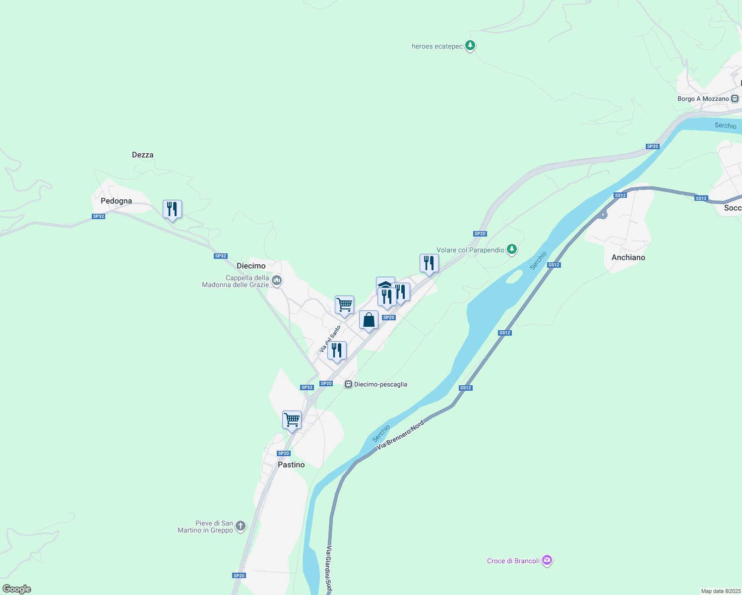 map of restaurants, bars, coffee shops, grocery stores, and more near 76 Via del Santo in Diecimo