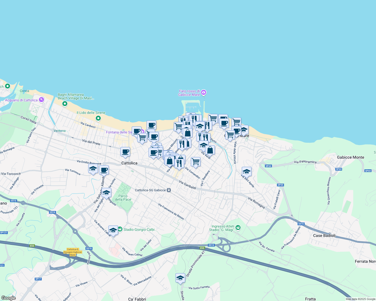 map of restaurants, bars, coffee shops, grocery stores, and more near 24 Via T. Tasso in Cattolica