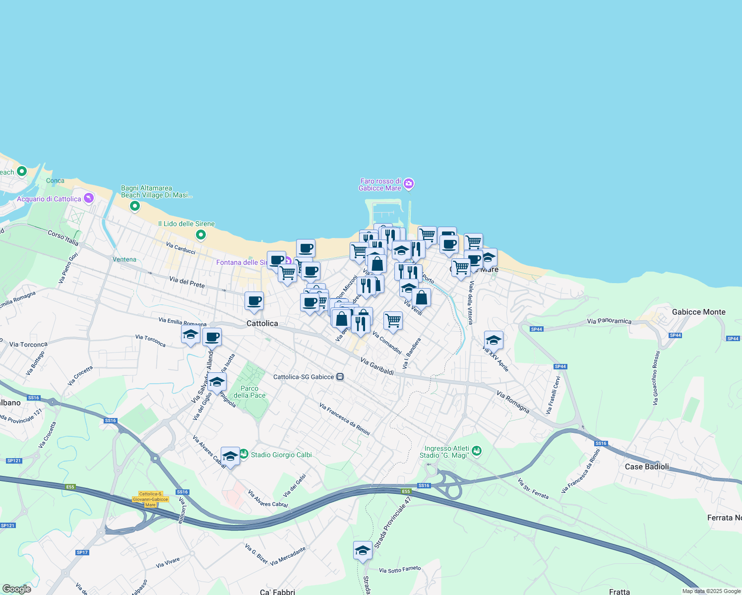 map of restaurants, bars, coffee shops, grocery stores, and more near 24 Via Torquato Tasso in Cattolica