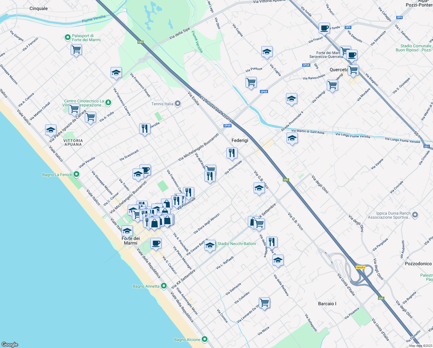 map of restaurants, bars, coffee shops, grocery stores, and more near 71A Via Provinciale in Forte dei Marmi