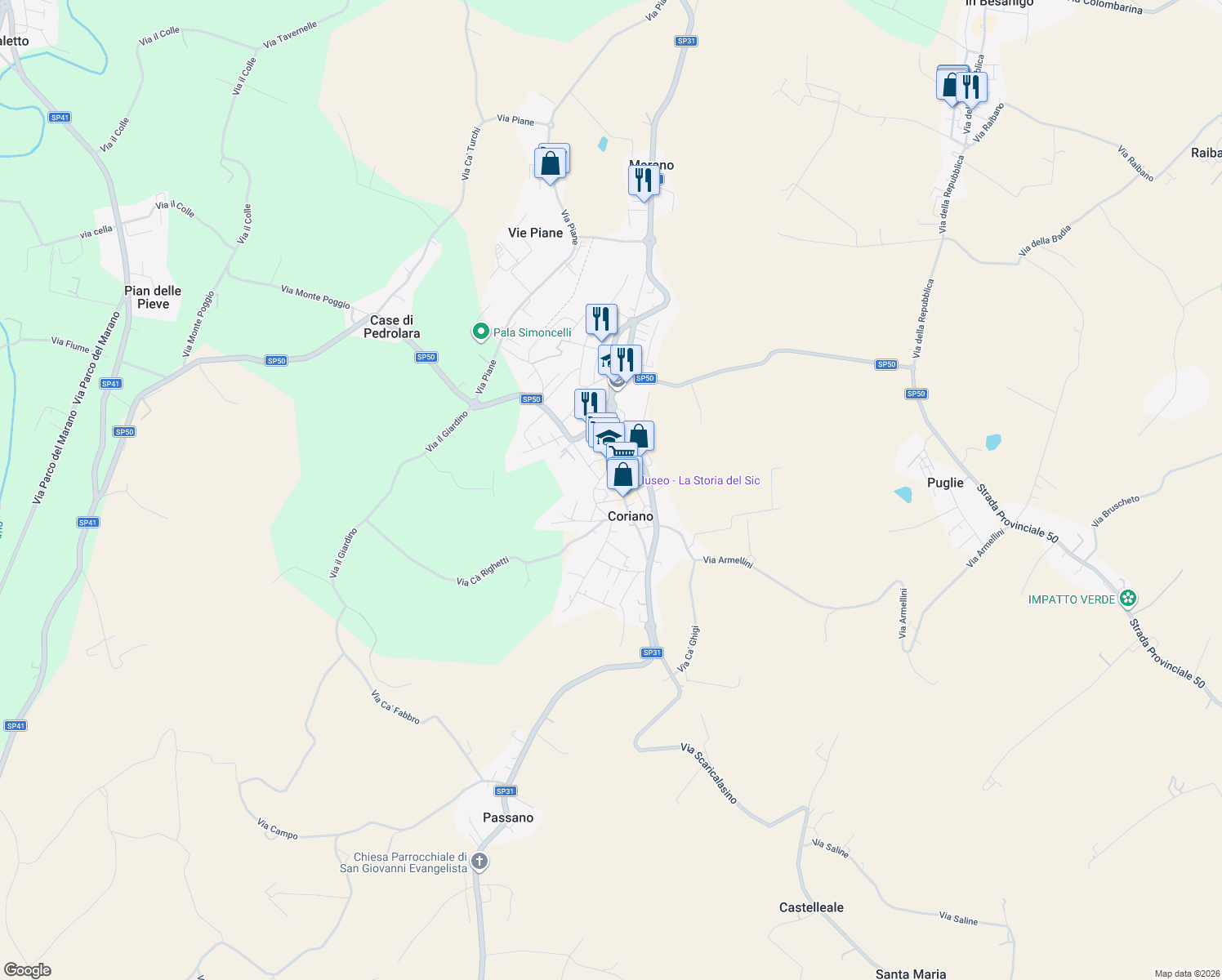 map of restaurants, bars, coffee shops, grocery stores, and more near 17 Via Libero Pedrelli in Coriano