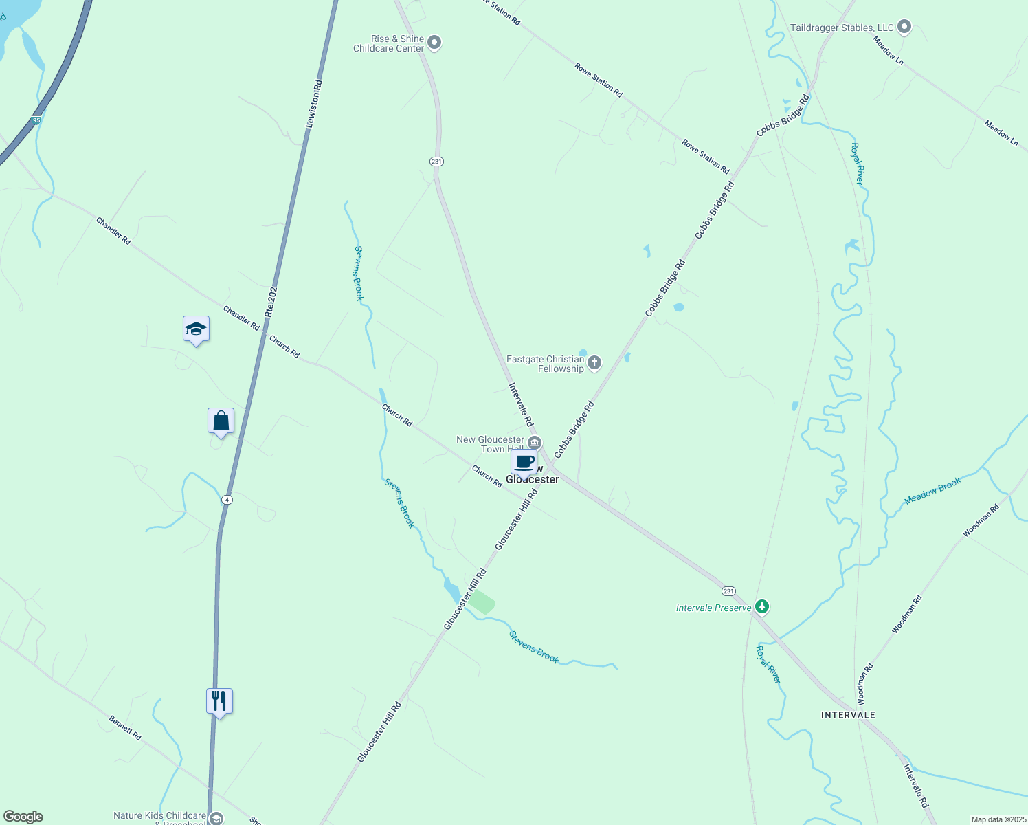 map of restaurants, bars, coffee shops, grocery stores, and more near 357 Intervale Rd in New Gloucester